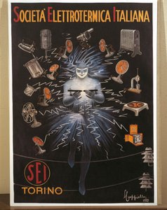 Farvelitografi af Leonetto Cappiello, SEI, Electroheat Italian Company reklameplakat af Leonetto Cappiello