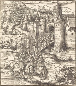 Forskellige mænd, der knæler på en bro foran en by af Leonhard Beck