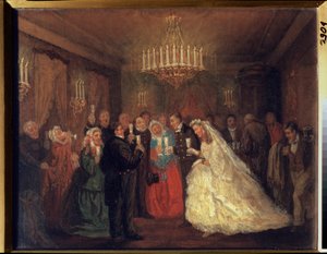 Brylluppet. (Bryllupsgæsterne klirrer med glas omkring de nygifte.) Maleri af Leonid Ivanovich Solomatkin (1837-1883), olie på lærred