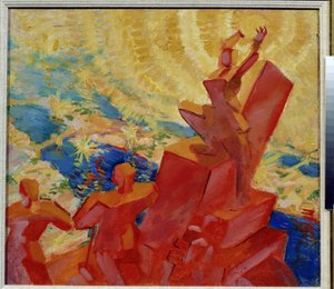 I solen (Til solen). Farvet landskab med en af ​​figurerne, der holder solen i hænderne. Maleri af Leonid Terentlevich Chupyatov (1890-1941). Olie på lærred af Leonid Terentlevich Chupyatov