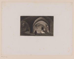 Munk i et mørkt rum med hvælvet loft College de Cluny (titel på objekt) Paris Comes and Paris Goes (serietitel) Paris qui s