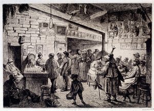 Indvendigt billede af den hvide kanin-kabaret" revet ned i 1860"" Gravering af Leopold Flameng (1831-1911) 1863 Paris, Musee Carnavalet af Leopold Flameng