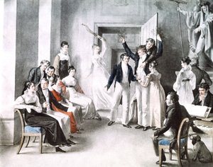 Schubertianernes musikalske møde. Schubert sidder i stolen til højre. Akvarel af Kupelniesen