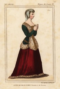 Anne Rogier de Beaufort, Viccountess de Turenne 1435-1479. Håndfarvet litografi efter et vindue i rustfrit glas i kirken Cordelieres de Nantes i Roger de Gaignieres