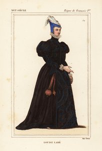 Louise Labe, La Belle Cordiere, fransk digter 1526-1566. Musiker, rytter, bueskytte, fægter og sprogforsker. Håndkoloreret litografi efter et portræt i Roger de Gaignieres