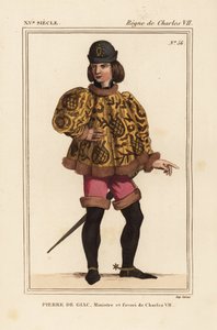 Pierre de Giac, kammerherre for kong Charles VII fra 1377-1426. Henrettet ved drukning ved Dun-Le-Roi. Han bærer en kort kasse med mahoiterærmer, lyserøde pantalons og støvler med sporer. Håndkoloreret litografi efter en miniature i et manuskript Histoire 