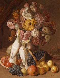 Stilleben med blomster med frugt og kakateller
