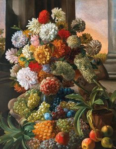 Leopold von Stoll Stilleben med blomster og druer