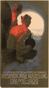Tysk plakat, der reklamerer for den internationale udstilling i 1906 i Milano, organiseret for at fejre åbningen af den transalpine Simplon-tunnel af Leopoldo Metlicovitz