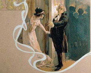 Illustreret postkort af Leopoldo Metlicovitz (1868-1944) skildrer scene fra Tosca, opera af Giacomo Puccini (1858-1924) af Leopoldo Metlicovitz