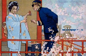 Postkort skabt til premieren på "Madame Butterfly", i Brescia af Leopoldo Metlicovitz