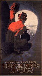 Plakat udgivet til The Milan International, en verdensmesse, der markerer åbningen af Simplon-tunnelen