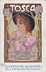 Titelside på partiturark til operaen Tosca af Puccini, ca. 1910 (farve litho) af Leopoldo Metlicovitz