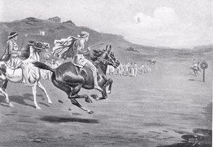 Græske ryttere kaster spyd, illustration fra "Hutchinson