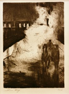 L.Ury, natlige indtryk (med førerhus foran damplokomotiv) af Lesser Ury