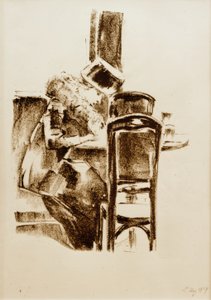 Skrivende dame med hat og boa i cafeen af Lesser Ury