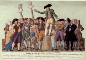 Første scene af den franske revolution i Paris: den 12/07/1789, efter kongens afskedigelse af Jacques Necker, forargede Camille Desmoulins publikum på Palais Royal og opfordrede til et oprør mod regeringen. Busterne af Jacques Necker og Louis Phil af Lesueur Brothers