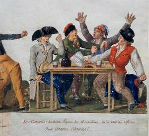 Den franske revolution: "" Borgere synger Marseilles hymne: med våben Borgere..."" Trusserne, der kan sidde på en kro, synger Marseillaise. Stik af brødrene Lesueur (1700-tallet). Musée Carnavalet, Paris