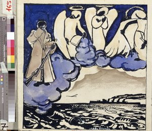 ""Krigen. Rusland. 1914"" Allegori om Første Verdenskrig. En soldat og engle. Pen og gouache af Lev Bruni (1894-1948) 1914 Statens Museum for Historie, Arkitektur og Kunst, Rybinsk, Rusland af Lev Aleksandrovitc Bruni