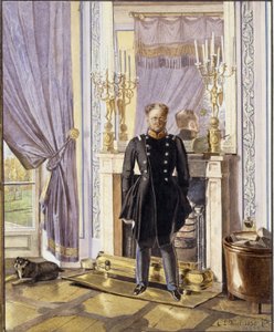 Portræt af storhertug Constantin Pavlovich af Rusland (1779-1831), foran pejsen. (Portræt af storhertug Konstantin Pavlovich af Rusland ved pejsen). Værk af Lev Ivanovich Kiel (?-1851), akvarel på papir af Lev Ivanovich Kiel