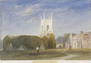Okeover Church - "All Saints": akvarelmaleri, og [c 1830-1840] af Lewis John Wood