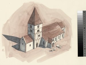 Rekonstruktionstegning af Peterskirken i den normanniske periode (akvarel på papir) af Liam Wales
