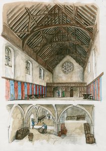 Rekonstruktion af Winchester Palace fra middelalderen (akvarel på papir) af Liam Wales