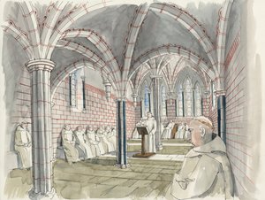 Rekonstruktion af kapitelhuset på Shap Abbey ca. 1530 (akvarel på papir) af Liam Wales