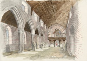 Rekonstruktion af klosterkirkens skib i Shap Abbey ca. 1530 (akvarel på papir) af Liam Wales