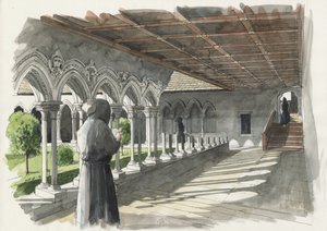 Rekonstruktion af klosteret på Lanercost Priory (akvarel på papir) af Liam Wales