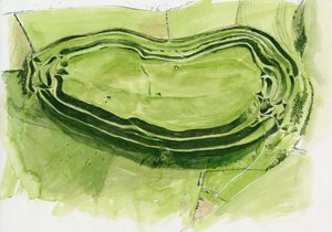 Resterne af Maiden Castle (akvarel på papir) af Liam Wales