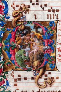 Piccolomini Bibliotek: korbog, torsk. 19.4, ff. 9v med "Adoration of the Magi", af Liberale da Verona (ca. 1445 - 1527/9). Detalje.