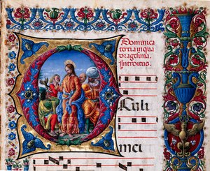 Piccolomini Bibliotek: korbog, torsk. 21.6, ff. 2r med "Uddrivelse af en uren ånd", af Liberale da Verona (ca. 1445 - 1527/9). Detalje.