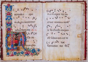 Piccolomini Bibliotek: korbog, torsk. 22.7, ff. 22v-23r med "Kristus før Pilatus", af Liberale da Verona (ca. 1445 - 1527/9). af Liberale da Verona