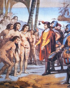 Christopher Columbus lander i den nye verden i 1492 og bliver mødt af Taino-indianere (farve litho) af Unbekannt Unbekannt