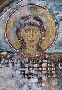 Fresco med helgen i den byzantinske kirke Agios Georgios, Vathi, Kreta, Grækenland (foto) af Unbekannt Unbekannt