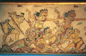 Fresker, der skildrer scener af kampe mellem guder og dæmoner, Kertha Gosa-pavillonen, Klungkung-paladset (Puri Agung Semarapura), Semarapura, Bali, Indonesien af Unbekannt Unbekannt