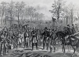 General Robert Lee overgiver sig til general Ulysses Grant ved Appomattox den 9. april af Unbekannt Unbekannt