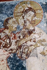 Jesus, fresko i den byzantinske kirke i Agios Georgios, Vathi, Kreta, Grækenland (foto) af Unbekannt Unbekannt