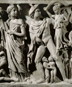 Marmorsarkofag, Relief, der skildrer Prometheus-myten, Detalje, Hermes og en af Parcae eller Skæbner, Fra Arles af Unbekannt Unbekannt