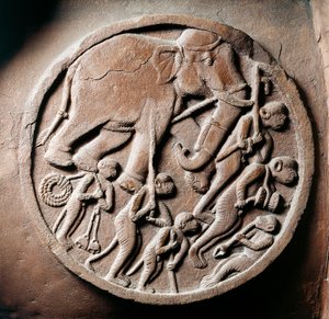 Medaljon med aber og elefanter, relief fra Stupa af Bharhut, buddhistisk monument, Madhya Pradesh, Indien, indisk civilisation, 2. århundrede f.Kr. af Unbekannt Unbekannt