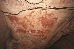 Maleri, der skildrer jagtscener, Sahara-klippekunst, Enneri Tougwi, Tibesti, Tchad af Unbekannt Unbekannt