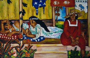 Polynesiske kvinder, farvet glasvindue, Moorea Island, Society Islands, Fransk Polynesien, den franske republiks oversøiske territorium af Unbekannt Unbekannt