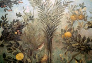 Granatæbletræ, detalje fra en fresco, der viser en have med frugttræer og fugle, fra Huset Livia på Palatinerhøjen, Rom, Italien. romersk civilisation af Unbekannt Unbekannt