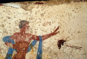 Procession med atlet, detaljer, fresco fra Tomb of Diver, Paestum, Campania, Italien, oldgræsk civilisation, Magna Graecia, 3. århundrede f.Kr. (foto) af Unbekannt Unbekannt