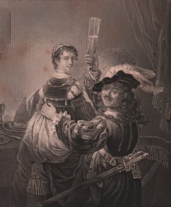 Rembrandt med sin kone Saskia, gravering H Payne fra maleri af Rembrandt, fra Paynes Royal Dresden Gallery, af Albert Henry Payne, H Payne Dresden og Leipzig Publisher, ca. 1840 af Unbekannt Unbekannt