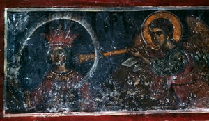 Helgen der spiller på horn, fresko i Agios Ioannis Prodromos kirken, Margarites, Kreta, Grækenland (foto) af Unbekannt Unbekannt