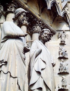 Statue af apostel, detalje af syddøren til katedralen Notre-Dame (UNESCOs verdensarvsliste af Unbekannt Unbekannt