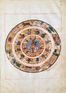 Solvognen og stjernetegnene, miniature fra et tidligt middelaldermanuskript, astronomisk tabel af Ptolemæus (ca. 100-175), hellenistisk civilisation af Unbekannt Unbekannt