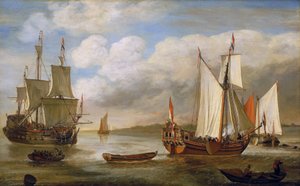 Forskellige hollandske både: sejlbåde, skibe og pramme. Olie på lærred af Lieve Pietersz Verschuier (1630-1686).